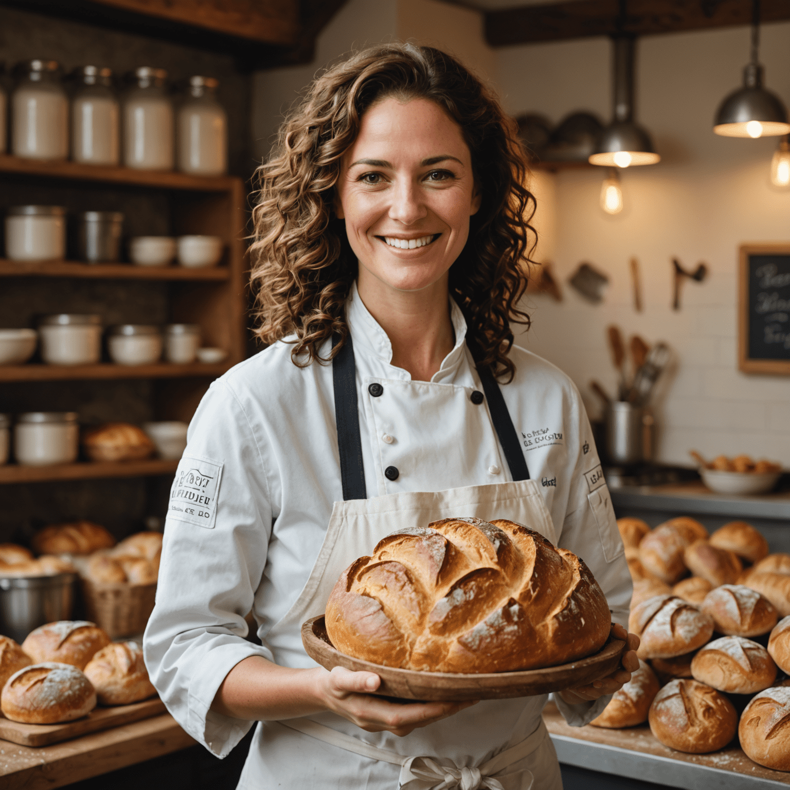 Sarah Johnson, Head Baker and Founder of Beakfeast. A woman in her mid-30s with curly brown hair and a warm smile, wearing a chef's coat and holding a freshly baked loaf of bread.