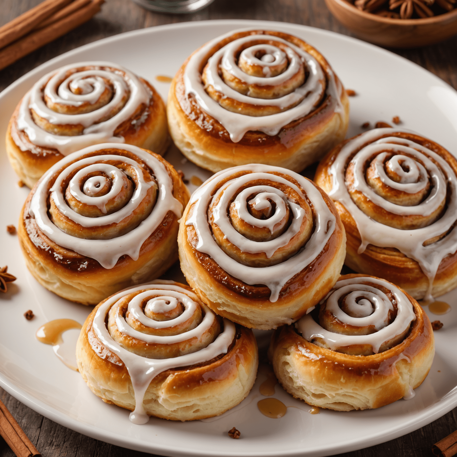 A plate of freshly baked cinnamon rolls, glistening with gooey frosting. The rolls are perfectly swirled and golden brown, with visible cinnamon streaks. The aroma seems to waft from the image.