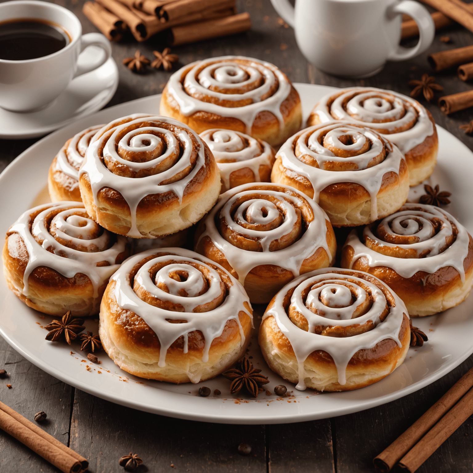 A plate of freshly baked cinnamon rolls, glistening with icing and emitting visible steam, surrounded by cinnamon sticks and a cup of coffee