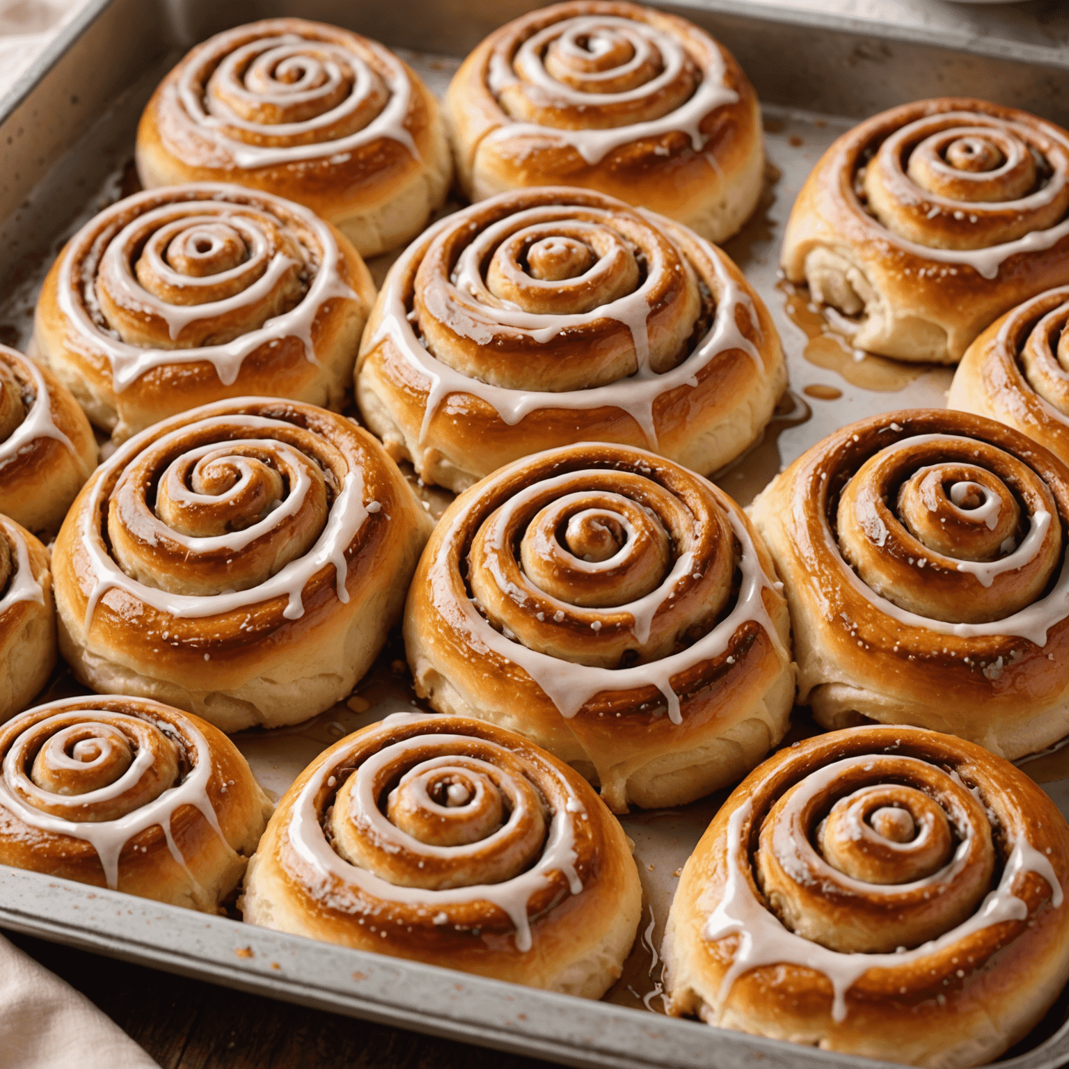 A tray of freshly baked, gooey cinnamon rolls with icing dripping down the sides. The rolls are golden brown and have a perfect swirl of cinnamon visible. The image captures the steam rising, suggesting they are fresh from the oven.