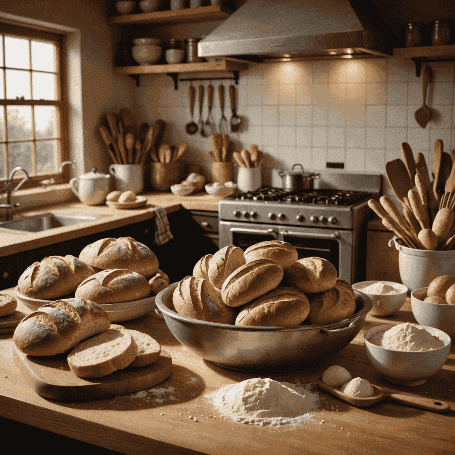 A kitchen counter with various bread ingredients, including flour, yeast, and a mixing bowl. In the background, a warm oven emits a soft glow, creating an inviting atmosphere for baking.