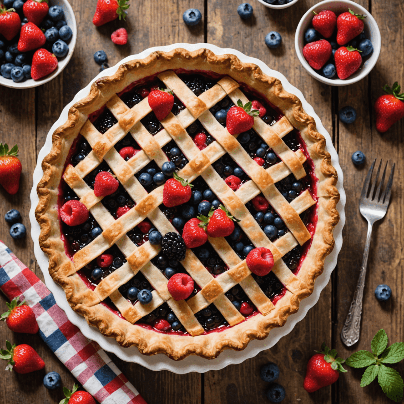 A vibrant mixed berry pie with a lattice crust, surrounded by fresh strawberries, blueberries, and raspberries on a rustic wooden table