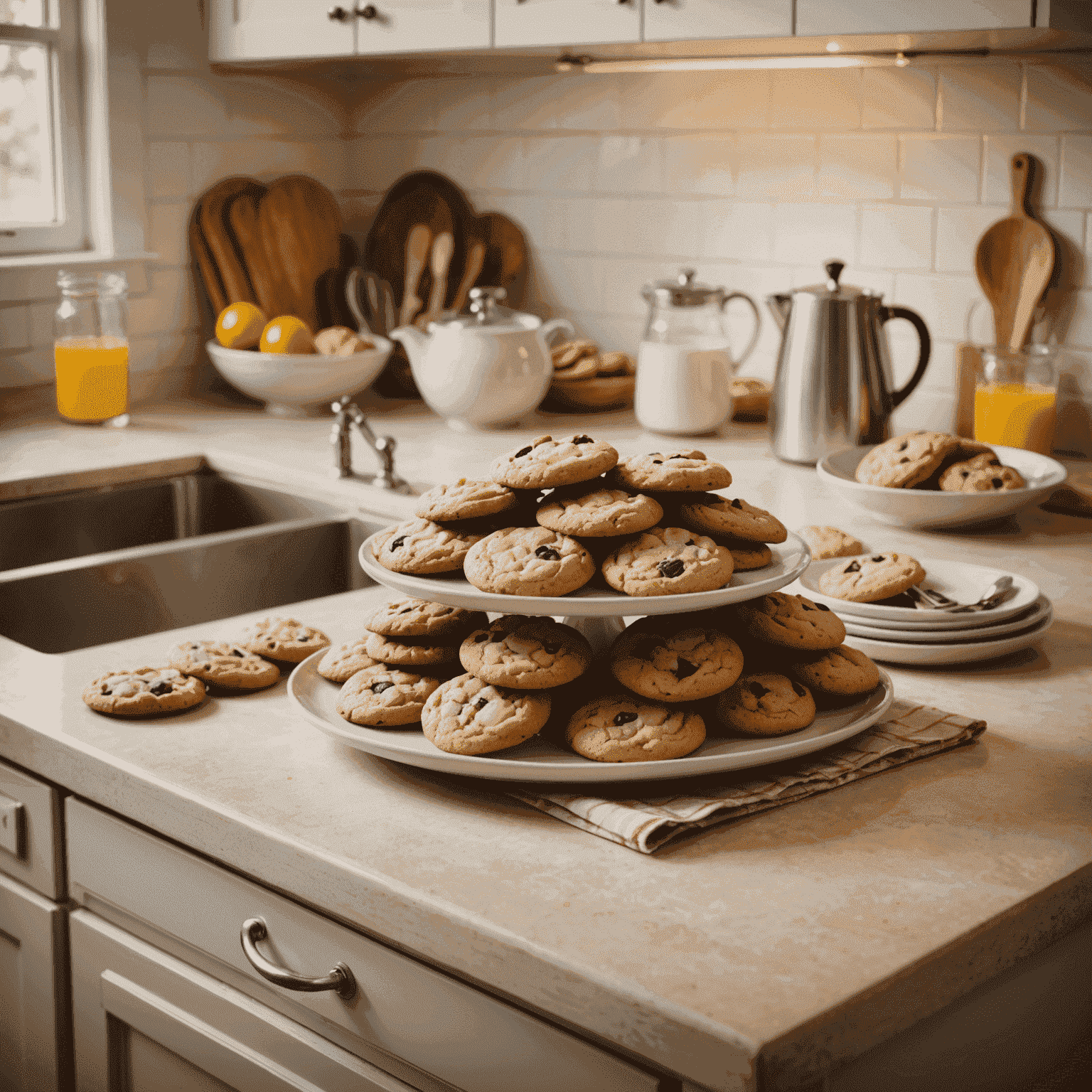 A warm, inviting kitchen with a tray of freshly baked cookies on the counter. The image has a soft, nostalgic glow with hints of neon accents around the edges.