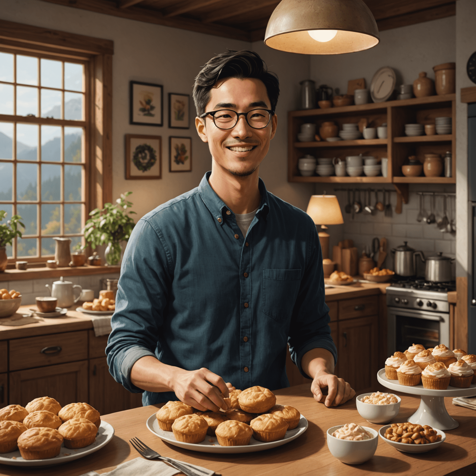 Michael Lee, Atmosphere Specialist at Beakfeast. A man in his late 20s with short black hair and glasses, smiling and arranging a cozy living room setting with freshly baked goods.