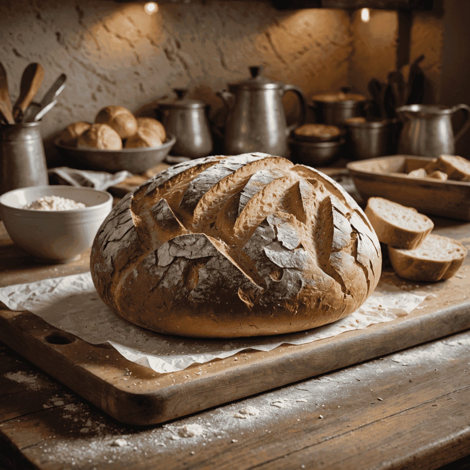 A rustic kitchen counter with a freshly baked artisanal loaf of bread. The bread has a perfectly crackled crust and visible steam rising, suggesting it's just out of the oven. Flour dusts the surface, adding to the homey atmosphere.