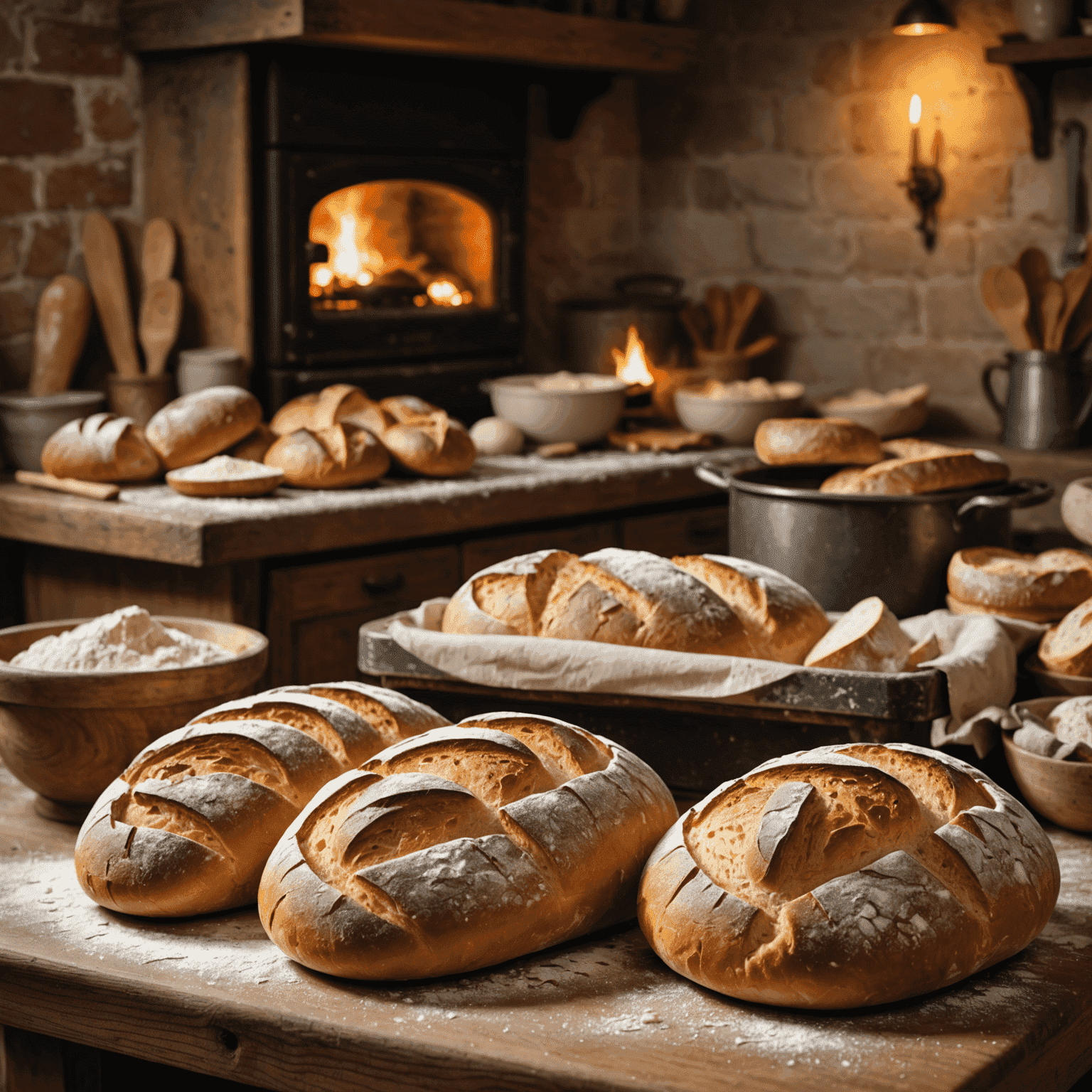 A rustic kitchen counter with freshly baked artisanal bread loaves, flour dusted surface, and a warm, glowing oven in the background