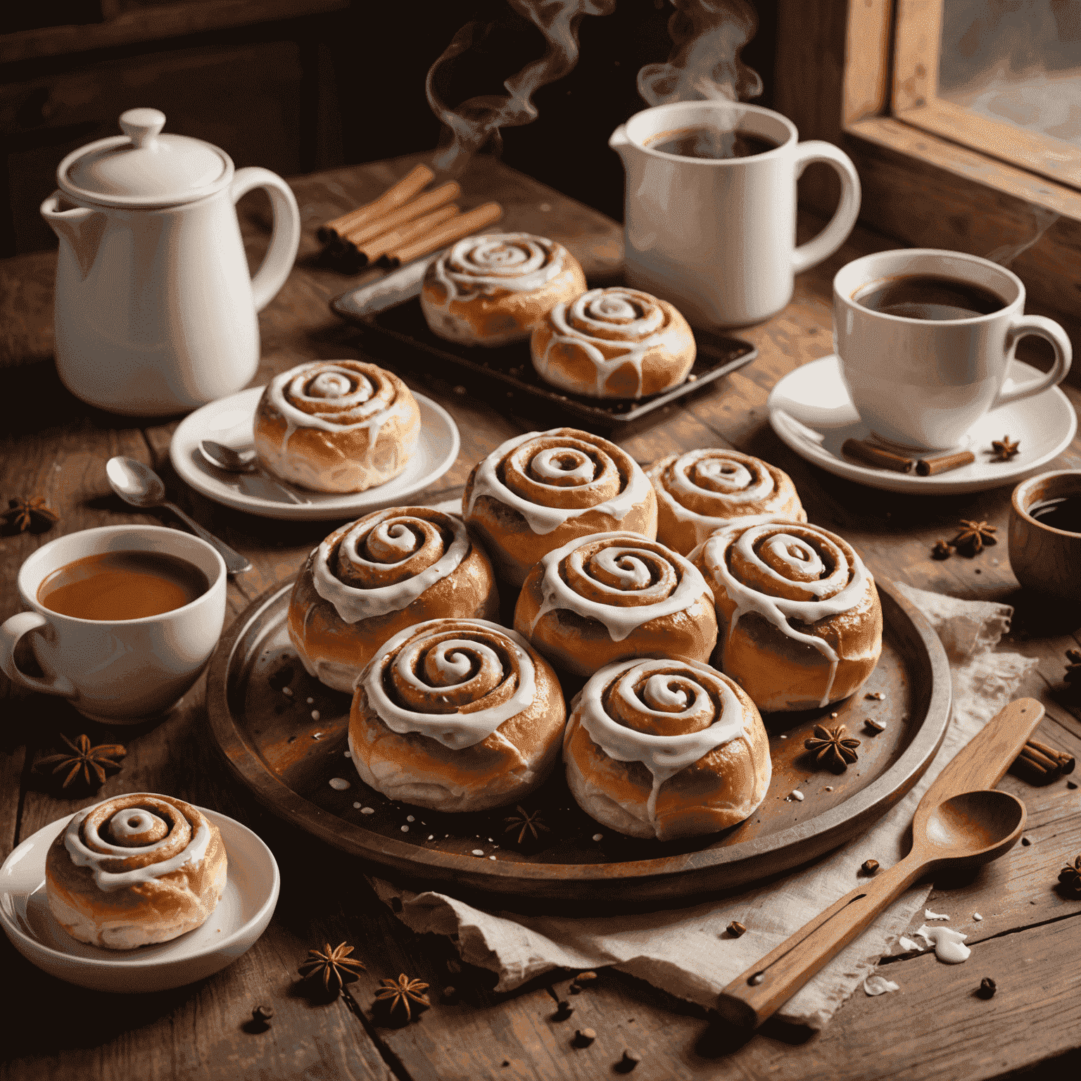 A cozy kitchen scene with freshly baked cinnamon rolls on a rustic wooden table. Steam is rising from the rolls, and a cup of coffee sits nearby. Warm, ambient lighting highlights the gooey icing and cinnamon swirls.