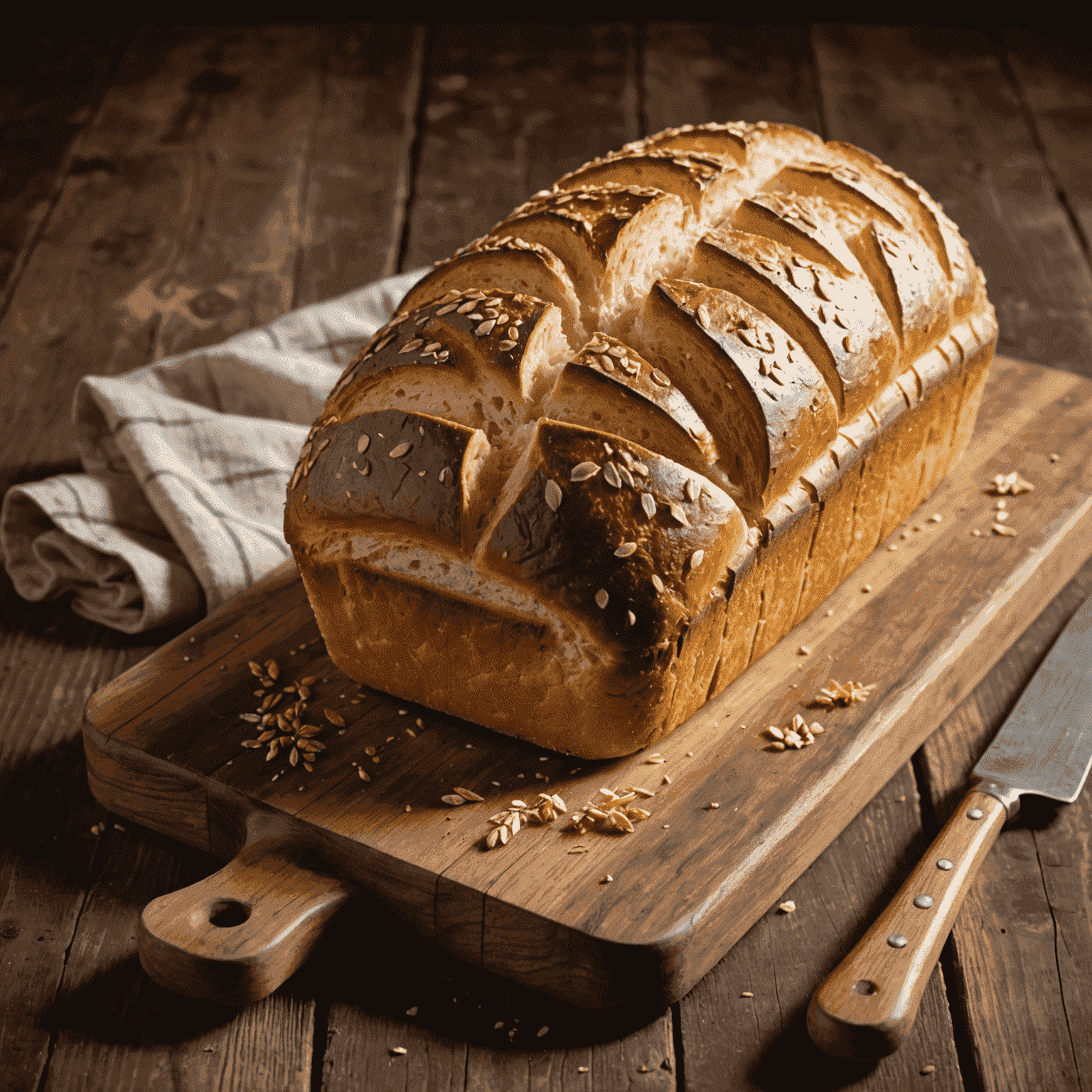 A beautifully baked artisanal bread loaf with a golden, crispy crust, sitting on a rustic wooden board. Steam rises from the freshly sliced bread, emphasizing its warm, inviting nature.