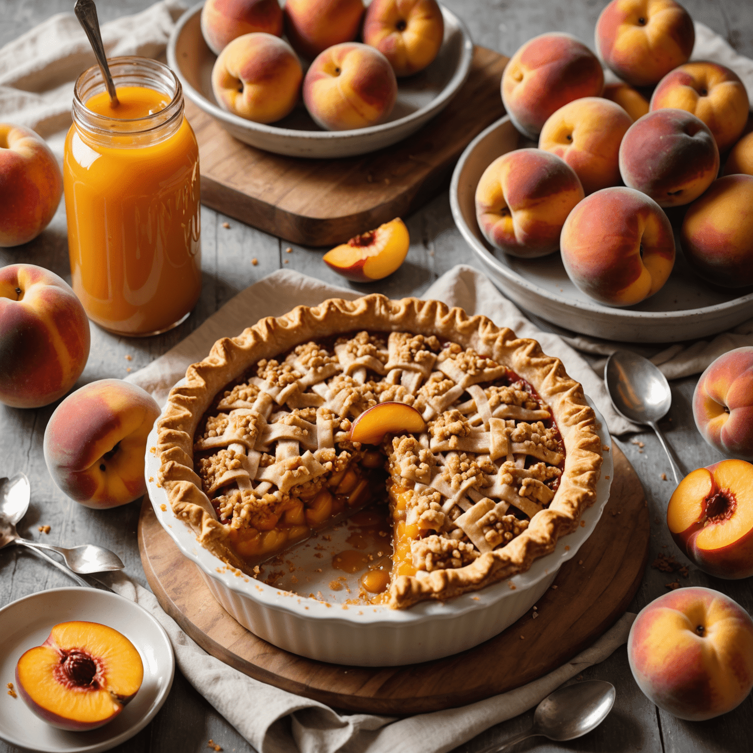 A golden-brown peach pie with a crumble topping, juice bubbling at the edges, next to a bowl of fresh, ripe peaches