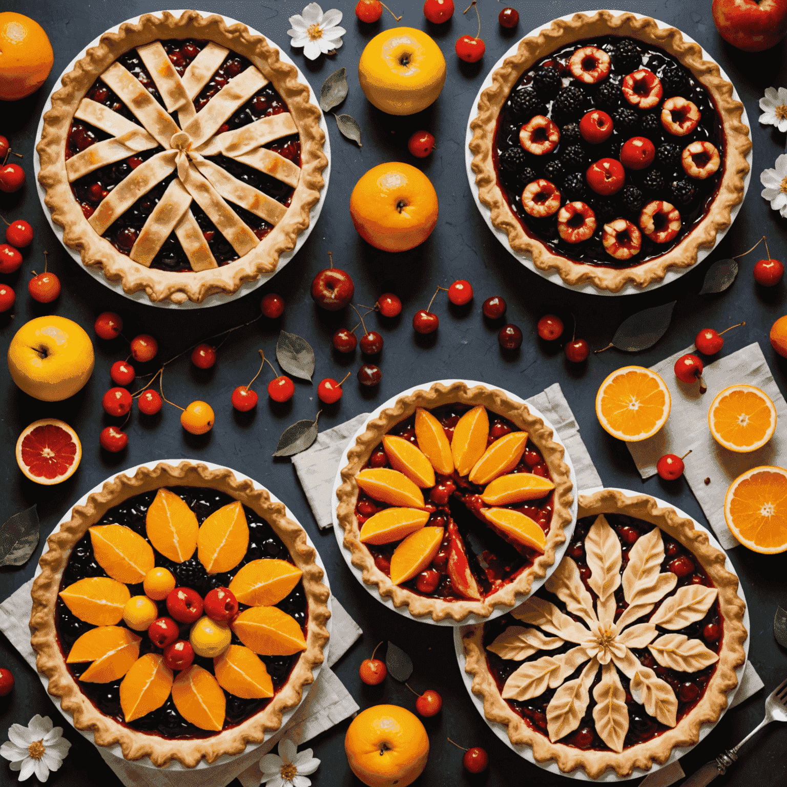 A collage of four different fruit pies, each representing a season. Spring cherry blossom pie, summer berry pie, autumn apple pie, and winter citrus pie. Each pie is beautifully decorated and seems to emit a tantalizing aroma.