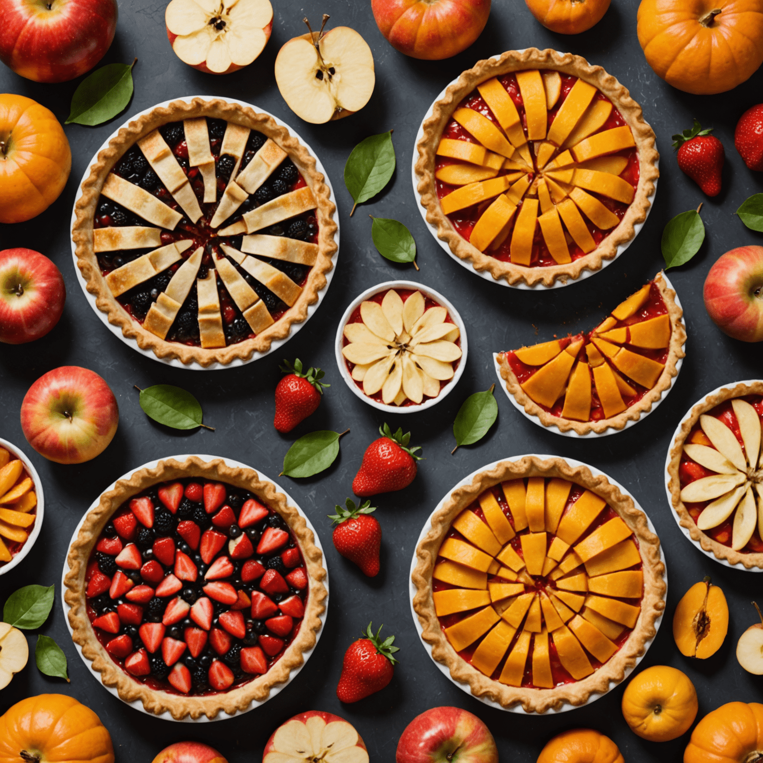 A collage of four different fruit pies representing each season: apple for fall, pumpkin for winter, strawberry for spring, and peach for summer