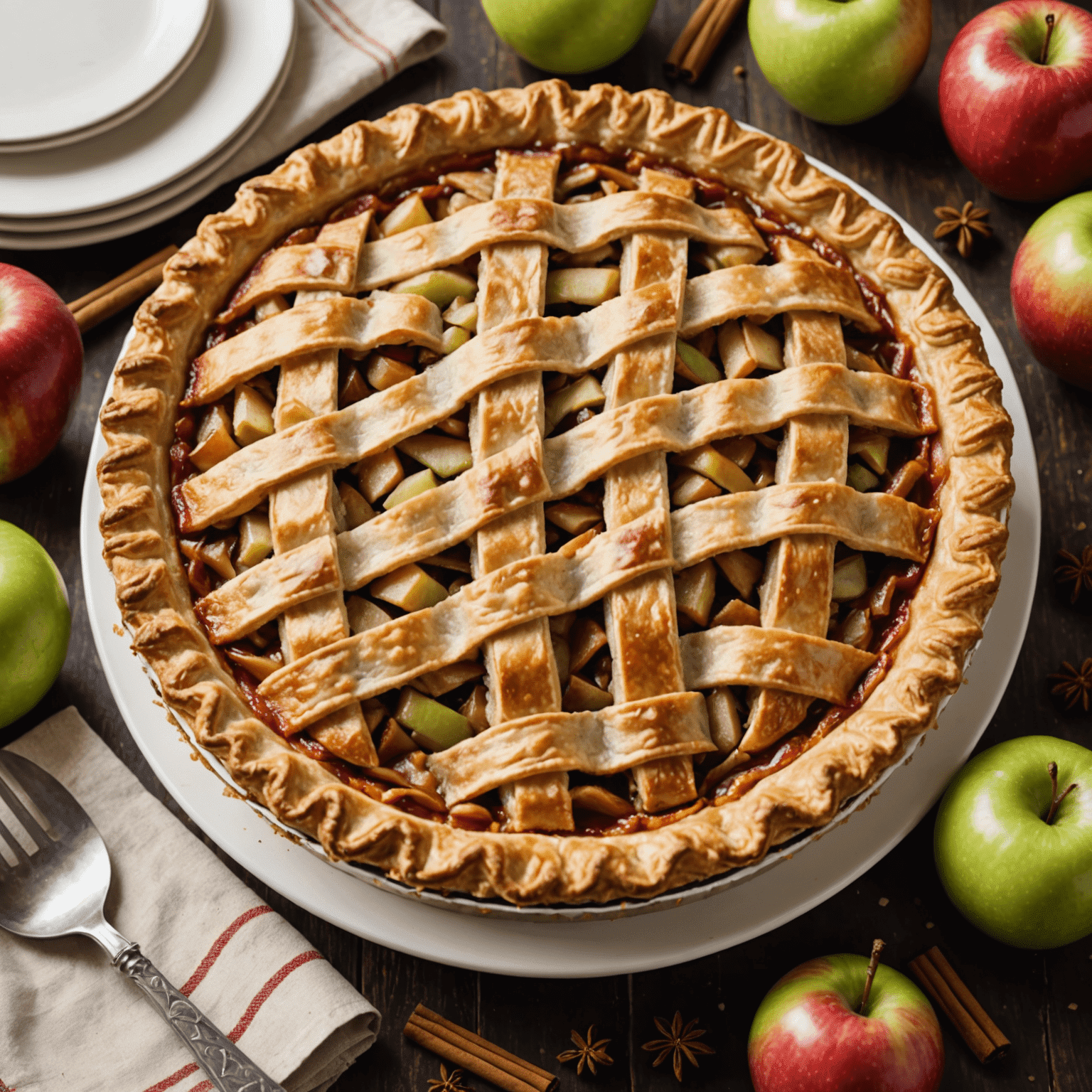 A classic double-crust apple pie with a golden lattice top, surrounded by red and green apples and cinnamon sticks