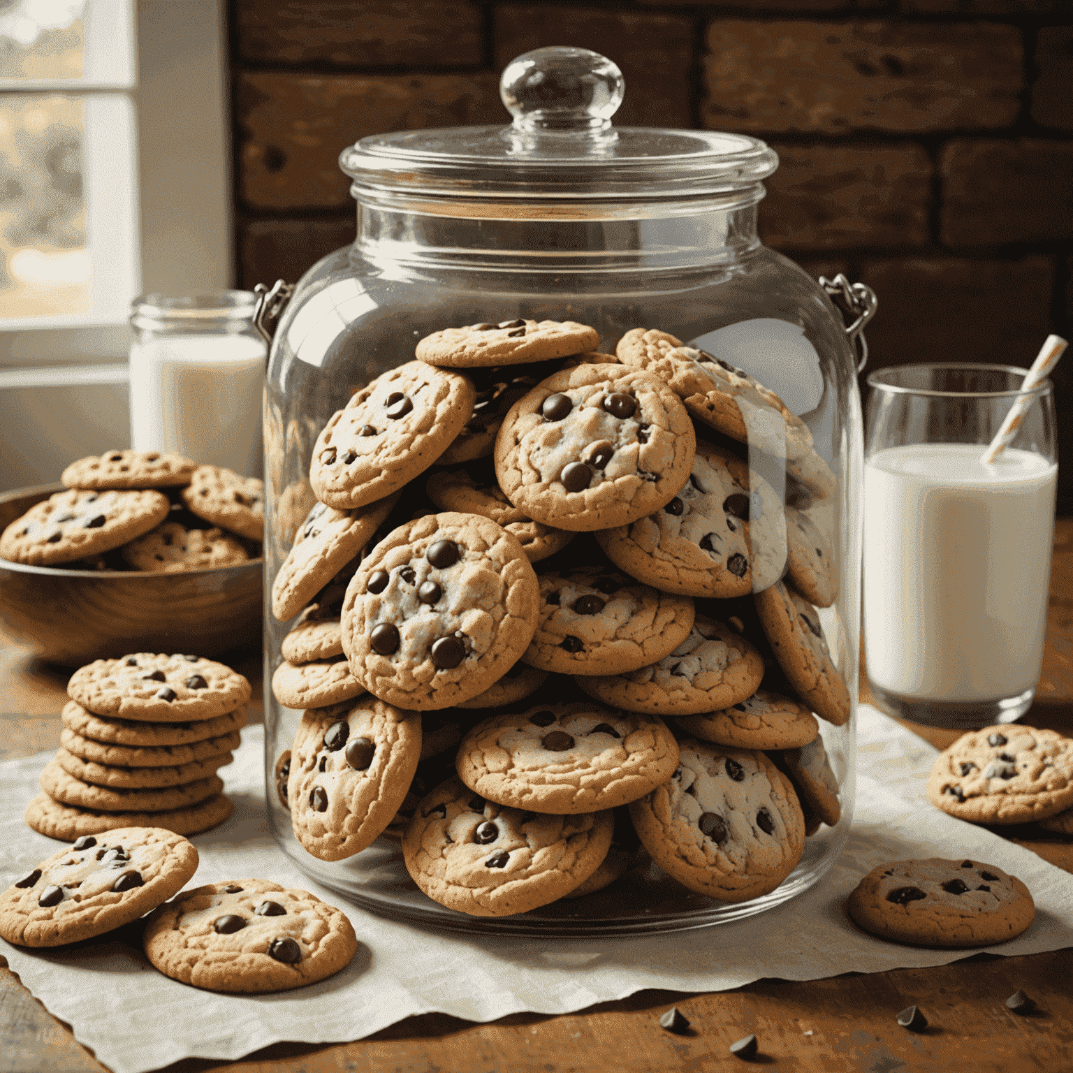 A vintage cookie jar filled with an assortment of classic cookies like chocolate chip, oatmeal raisin, and sugar cookies, with a glass of milk nearby