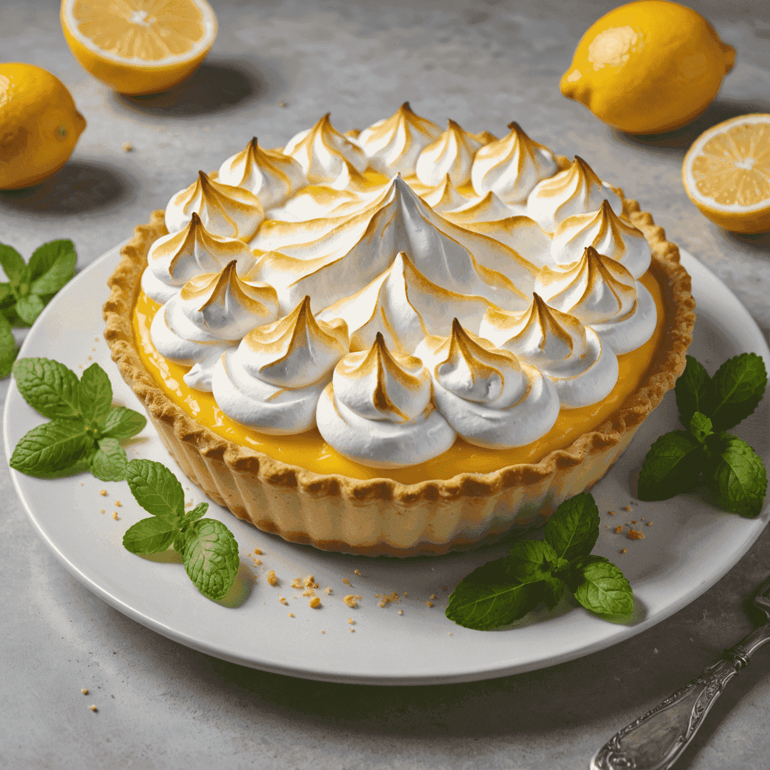 A bright lemon meringue pie with tall, perfectly browned meringue peaks, garnished with lemon slices and mint leaves