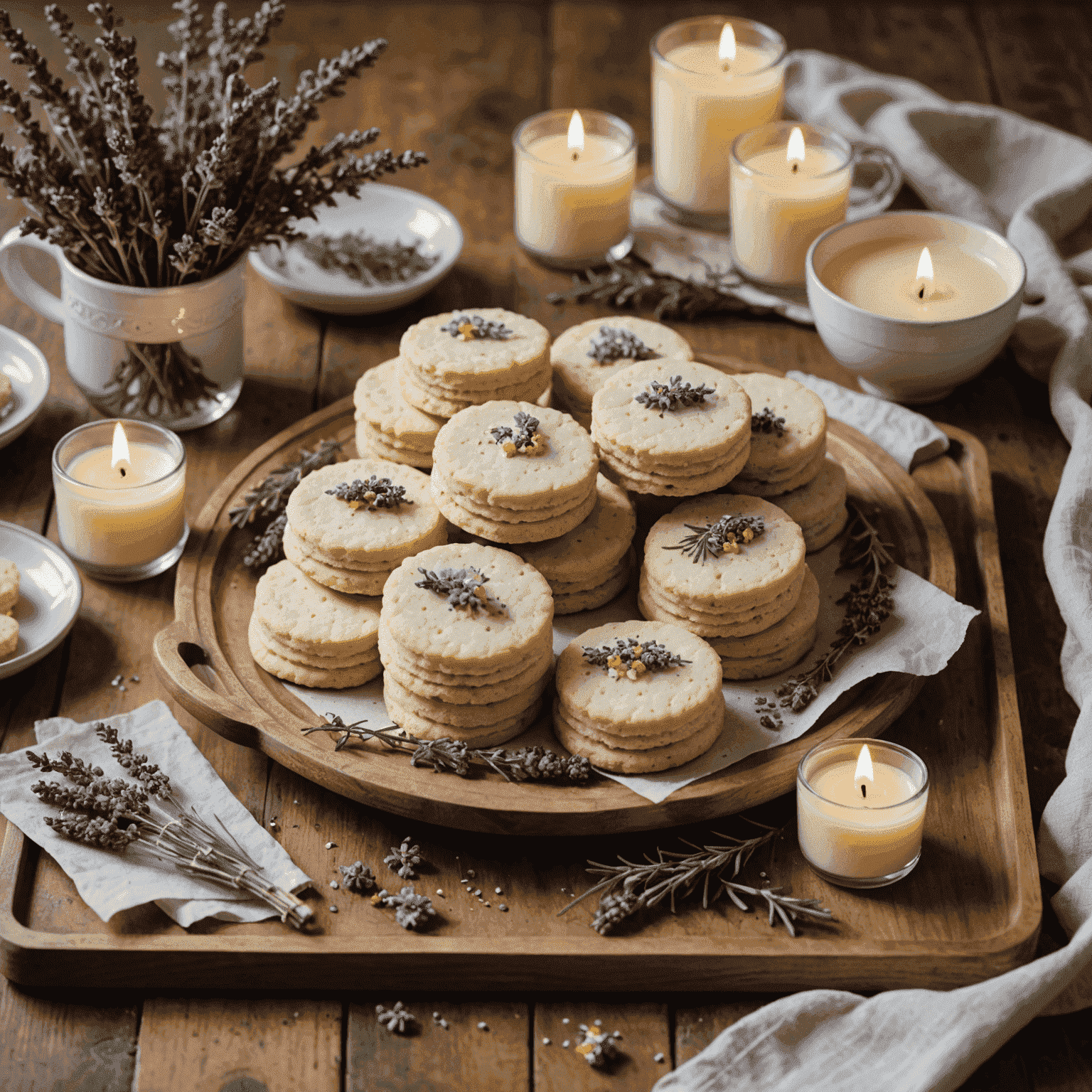 A serene kitchen scene with lavender shortbread cookies, chamomile tea cakes, and vanilla bean scones arranged on a wooden tray with calming candles and fresh herbs